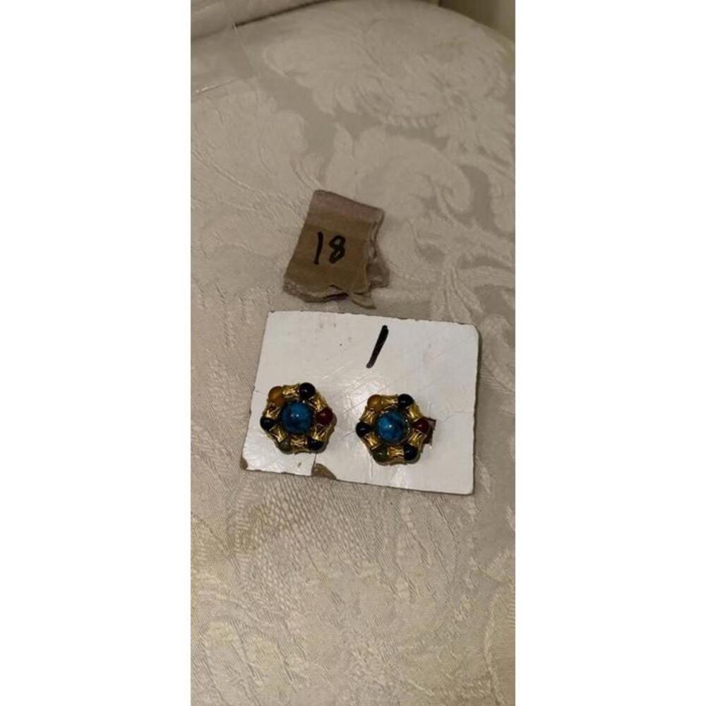 Alexis Bittar Vintage Clip On Earring Gold Tone Multicolor Cabochon Statement‎